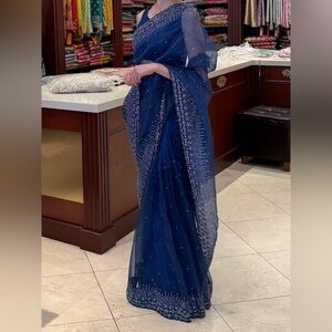 Luxury Navy Blue Crystal Pre-Stitched Saree – Adjustable Fit – Never Worn